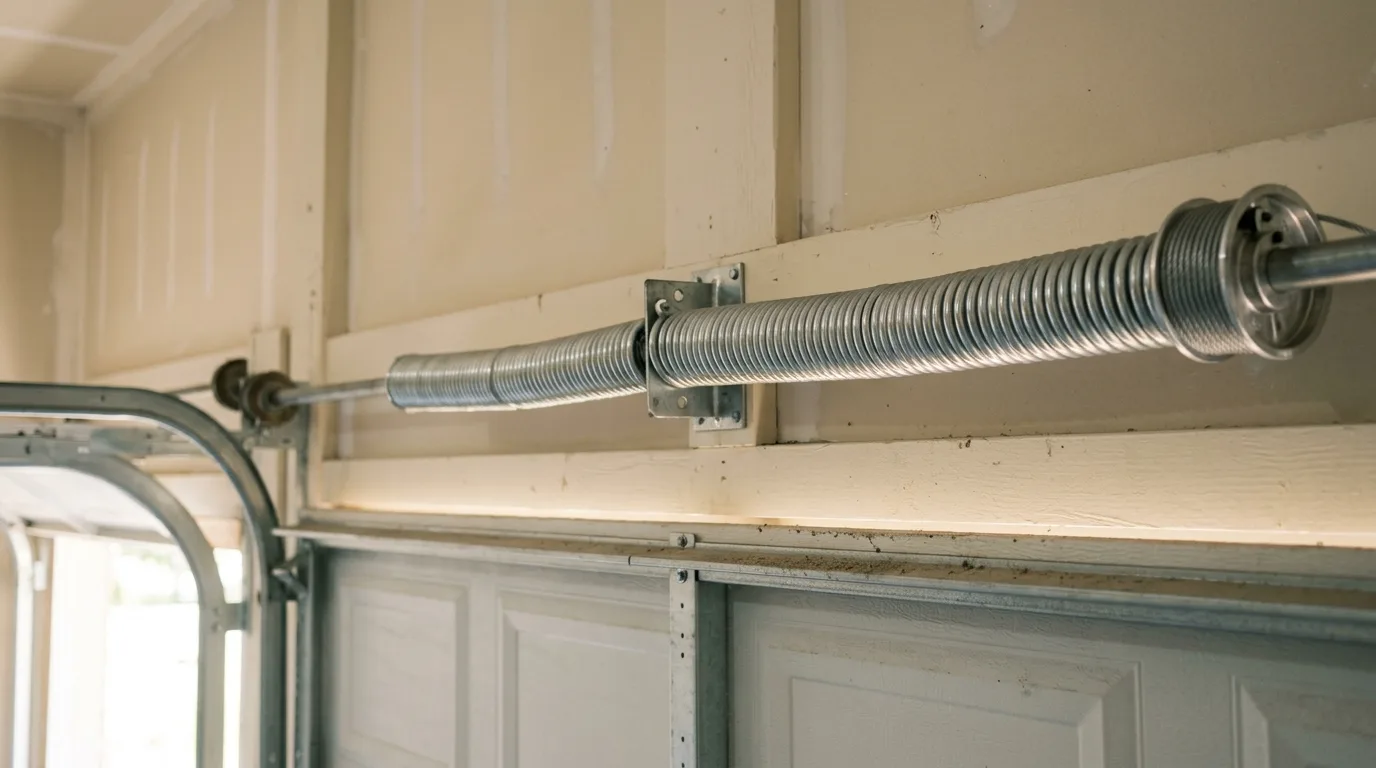 A new pair of galvanized torsion springs on the shaft above a closed white garage door