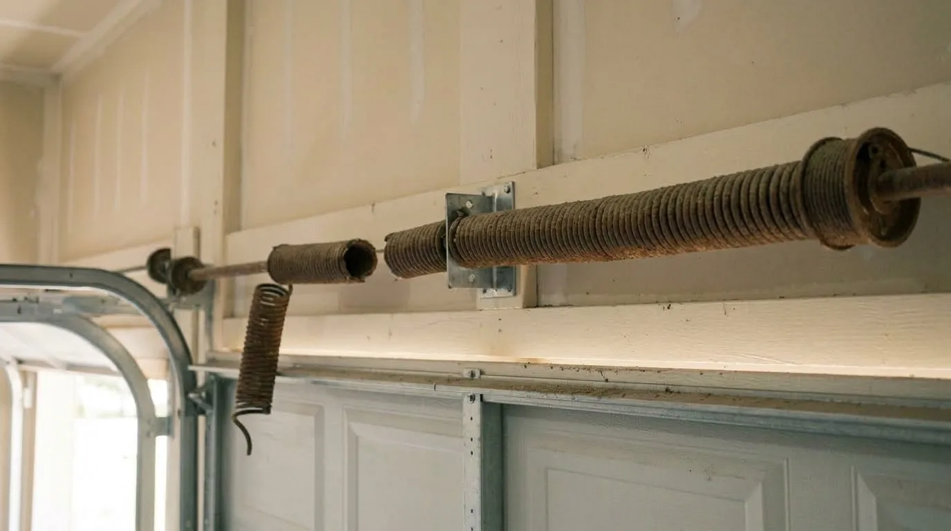 Rusted torsion springs above a garage door, the left one snapped