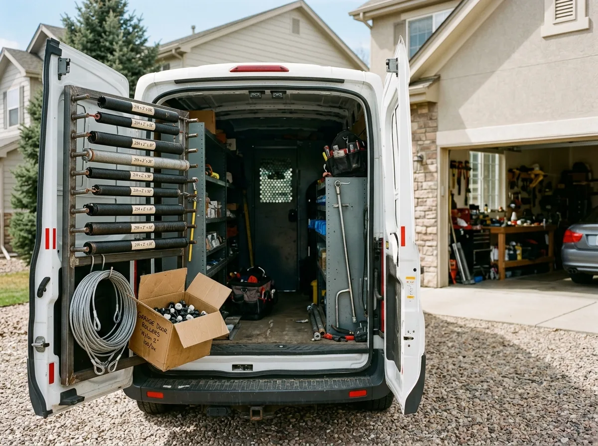The open rear doors of a work van, springs racked by size on a shelf