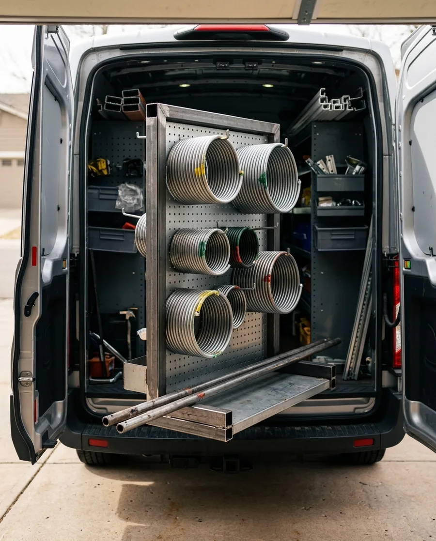 A steel rack of new torsion springs hung on pegs inside a work van