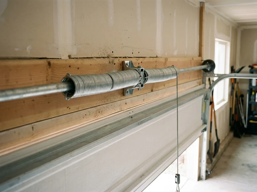 A new pair of torsion springs on the shaft, cables taut to the drums
