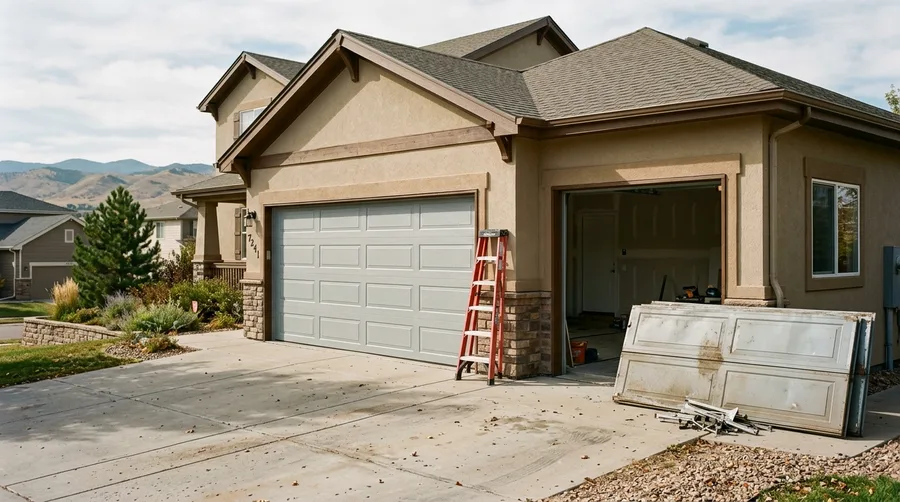 A new insulated steel door on a suburban two-car garage, the old door leaning beside it