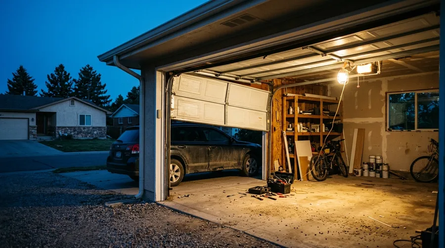 A garage at dusk with the door hanging crooked, lit by a work light