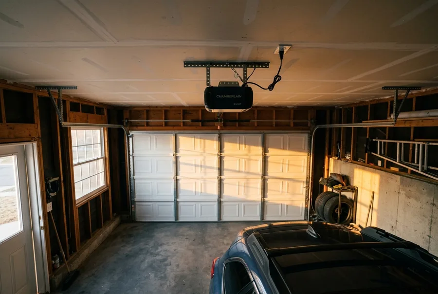 A belt drive opener on the ceiling rail of a garage