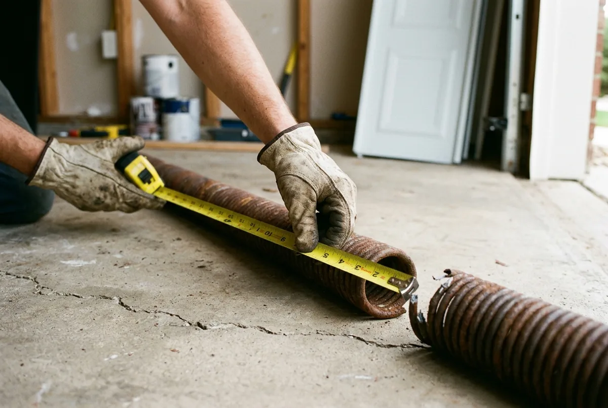 A tape measure along an old rusted torsion spring on a garage floor