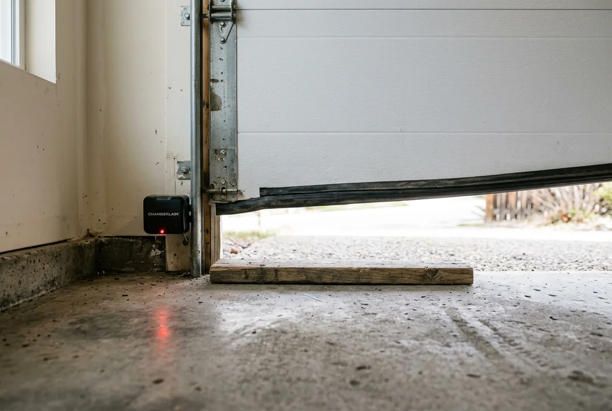 A garage door bottom seal stopped just above a board on the floor during a safety reverse test